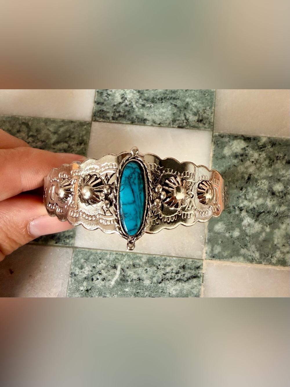 Scallop Sterling Silver Turquoise Oval Statement Cuff Bracelet- tested